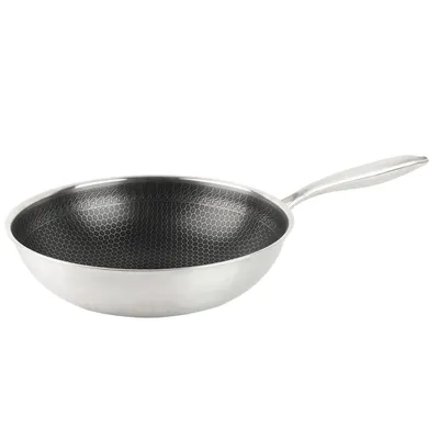 Obrázek produktu pro Nerezová pánev wok 30 cm - Hluboká indukční pánev wok s voštinovou strukturou a nepřilnavým povrchem - Pro asijské pokrmy, plyn a elektřina
