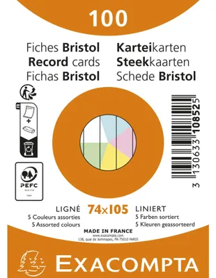 Produktbild von Exacompta Karteikarten A7, Packung mit 100 Stück eingeschweißt, liniert, nicht gelocht, Farben sortiert - Farben sortiert, Blau, Grün, Pink, Weiß, Gelb, A7, Papier, Liniertes Papier, 205 g/m², 74 mm