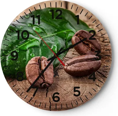 Produktbild von Wanduhr - Rund - Glasuhr - Aroma Kaffee Pflanze Samen - 30x30cm - Schleichendes Uhrwerk - Lautlos - zum Aufhängen bereit - Dekoration Modern - Wanddekoration aus Glas - C4AR30x30-2548