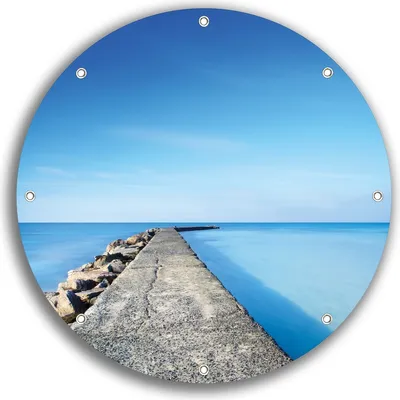 Produktbild von Wallario rundes Outdoor-Poster für Garten oder Balkon, Motiv Pier am blauen Ozean mit blauem Himmel, 30 cm Durchmesser