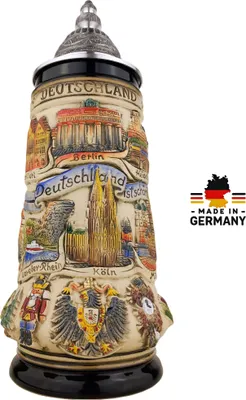 Produktbild von Zöller & Born® - Germany Made - Bierkrug mit Zinndeckel Deutschland Steinkrug hochwertiges Sammlerstück Geschenk für Vater Männer Geburtstag 0,7L
