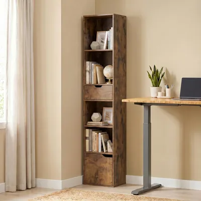 Image de Étagère haute et étroite - Étagère avec tiroir - Compartiments ouverts - Structure en bois - Pour livres et jouets - Idéale pour le salon et la chambre