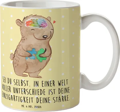 Produktbild von Mr. & Mrs. Panda haferl Bär Autismus - Gelb Pastell - Geschenk, Becher, Asperger, Pott, Autismus-Spektrum-Störungen, ASS, Teetasse, Entwicklungsstörungen, Kaffeebecher