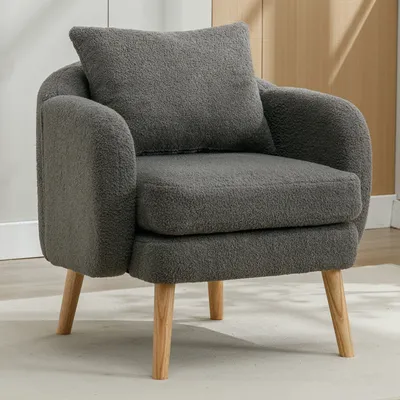 Obrázok produktu pre Merax Čalúnené kreslo s ozdobnými vankúšmi a nohami z masívneho dreva, plyšové relaxačné kreslo Teddy Lounger Single Lounger Sofa, sivá