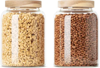 Imagen del producto de Recipientes de almacenamiento Econovo. Juego de dos recipientes de vidrio con tapa (1200 ml). Recipientes de vidrio con tapa de madera, herméticos, set de recipientes para alimentos
