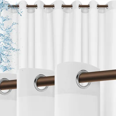 Close-up of white outdoor curtains with grommets on a curtain rod, with water splashing on the left side.