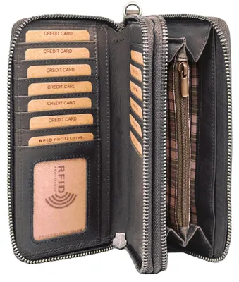 Produktbild von Benthill Damen Geldbörse Groß Leder RFID - Portemonnaie aus echtem Rindsleder - Geldtasche mit Doppeltem Reißverschluss - Geldbeutel mit vielen Kartenfächer