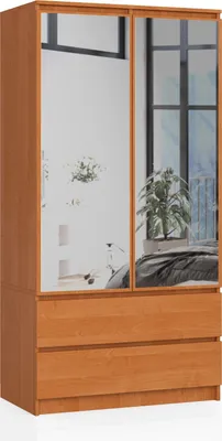 Produktbild von Kleiderschrank AKORD S90 mit Spiegel Erle 90 cm 2 Türen 2 Schubladen 4 Ebenen B90 x H180 x T51 cm
