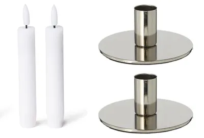 Imagen del producto de Novaliv, juego de 2 portavelas cilíndricos de metal, color plata, 10x5 cm, con vela LED cilíndrica de luz parpadeante, estilo vintage. Portavelas retro, decoración para el hogar, decoración navideña para la mesa, candelabro, soporte para velas, plato decorativo