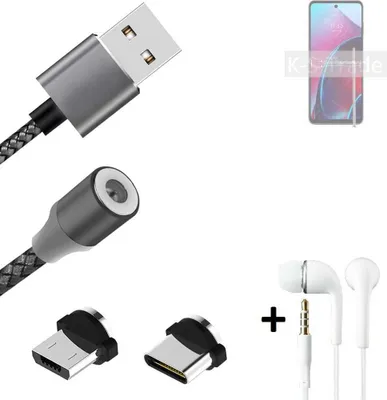Produktbild von K-S-Trade® Hochwertiges Magnet-Lade-kabel Sync-Kabel Daten-Kabel + Kopfhörer kompatibel mit Motorola Moto G Stylus (2022) mit USB-Typ-C-Anschluss