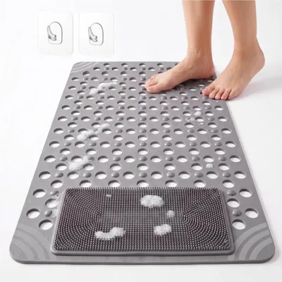 Produktbild von Duschmatte rutschfest 90x60cm Badewannenmatte Schimmelresistent mit Saugnäpfen und Ablauflöchern Grau Rechteckig