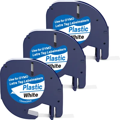Produktbild von Boxstuff - Dymo LetraTag 91201 - S0721610 - Etikettenband - Schwarz auf weißem Kunststoff - 12 mm x 4 m - 3 Stück