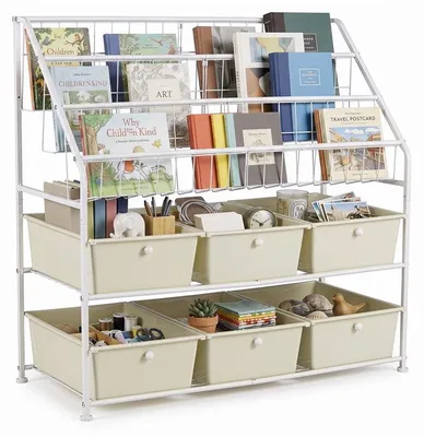 Produktbild von COSTWAY Kinderregal mit 3 Fächern, 6 Boxen & Metallrahmen, Bücherregal Kinder, Spielzeugregal montessori, Aufbewahrungsregal Kinder- & Schlafzimmer