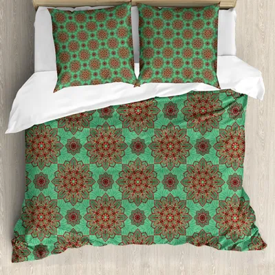 Produktbild von ABAKUHAUS Türkis Bettbezug Set, Ostöstliches Muster Der Traditionelle Asiatische Geometrische Stammes Kunst, 200 x 200 cm + 80 x 80 cm, Grün Gelb Rot