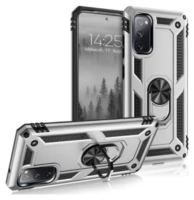 A silver and black rugged phone case with a ring holder, shown from multiple angles, with a phone inside one of the cases.
