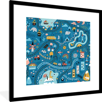 Produktbild von MuchoWow® Gerahmtes Poster Kinder - Auto - Tiere - Blau 40x40 cm - Poster mit Schwarzem Bilderrahmen Wandposter Rahmen Foto Bilder - Poster - Plakat im Rahmen