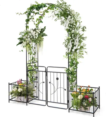Obrázok produktu pre COSTWAY Oblúk na ruže s dvierkami a 2 kvetináčmi, kovová mreža na ruže, podpora pre popínavé rastliny 202x50x220cm čierna