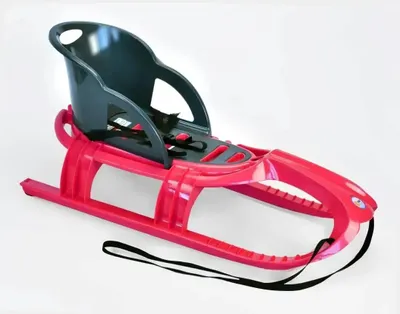 A pink and gray child's sled with a seat and harness, shown against a white background.