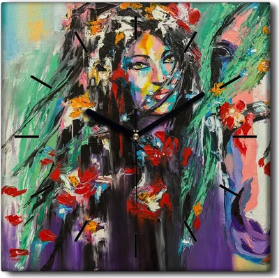 Produktbild von Coloray Uhr auf Leinwand 30x30 cm Wand Uhr Dekoration Wohnzimmer Segeltuch schwarze Hände -Frau mit Blumen