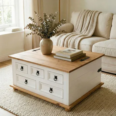 A coffee table with drawers and a storage trunk, placed in a living room setting with a sofa and a blanket.