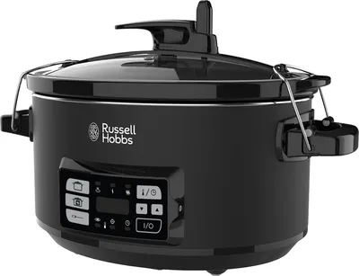 A black Russell Hobbs slow cooker is shown from a front-side angle against a white background.
