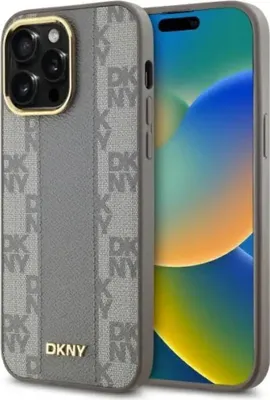 Imagen del producto de Funda DKNY de cuero con estampado monocromático a cuadros, compatible con MagSafe para iPhone 14 Pro Max - Color beige