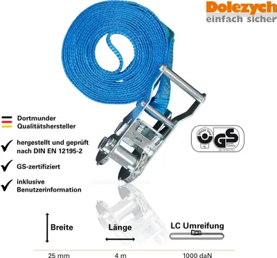 Image de Sangle d'arrimage Dolezych longueur 4m largeur 25mm avec mini-cliquet 1000kg / daN en une pièce, bleu - 16251000-4