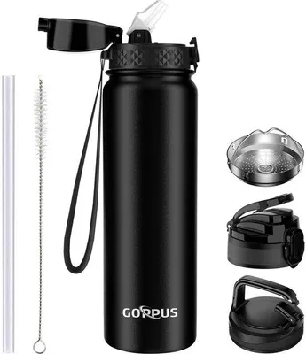 Produktbild von Isolerter 1-Liter Thermosflasche mit Doppelwand aus Edelstahl, BPA-freie Sportflasche, leckgeschützte Wasserflasche