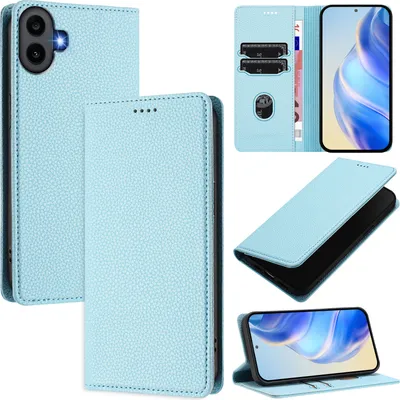 Produktbild von Litchi Leder Handyhülle für Nothing CMF Phone 1 Wallet Kartenfächer Standfunktion Hülle Hellblau