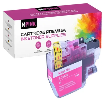 A magenta ink cartridge and its packaging are shown.