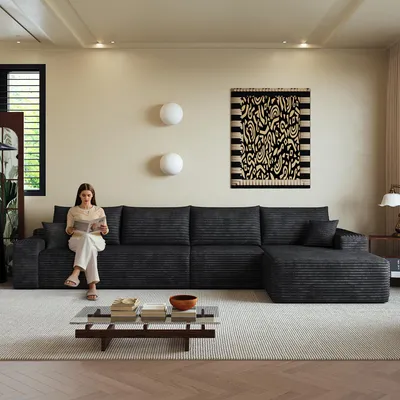 Immagine prodotto di Divano angolare modulare senza braccioli, 340 cm, forma a L, seduta profonda, senza necessità di montaggio, divano compattabile (colore nero)