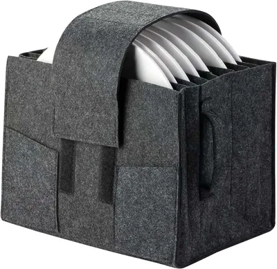 Produktbild von Filz Aufbewahrungsbox für Teller und Geschirr, tragbare Camping- und Picknicktasche, mehrschichtig, rutschfest, geräuscharm, dunkelgrau 27×20×18 cm