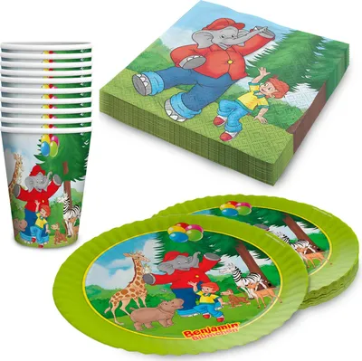 Produktbild von Benjamin Blümchen Partyset 40-tlg – Teller, Becher, Servietten Kindergeburtstag