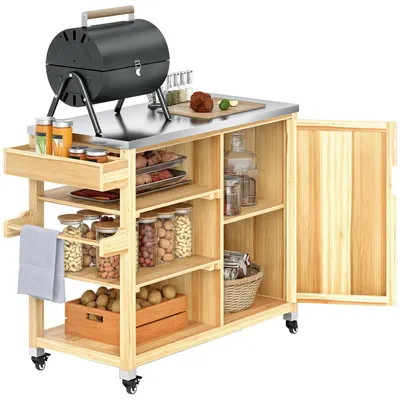 Produktbild von Outdoor-Kücheninsel, Grillwagen mit Schrank und Regalen, Küchenwagen aus Holz und Edelstahl, mit Rollen, Naturholz
