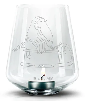 Produktbild von Mr. & Mrs. Panda Laterne Rotkehlchen Schlitten - Transparent - Geschenk, glas kerzenhalter, Teelichthalter, Windlicht, Weihnachten, Vogel, gravur