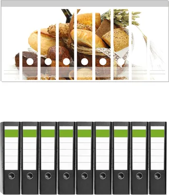Produktbild von Wallario 9 Stück breite Ordner inkl. Klebeetiketten mit Motive Brot und Brötchen im eleganten Korb - mit Wein und Getreide -  Set mit Rückenschildern / Ordnerrücken Stickern
