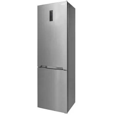A silver refrigerator-freezer combination is shown against a white background.