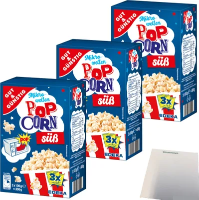 Produktbild von Gut & Günstig Mikrowellen Popcorn süß 3er Pack (9x100g Packung) + usy Block