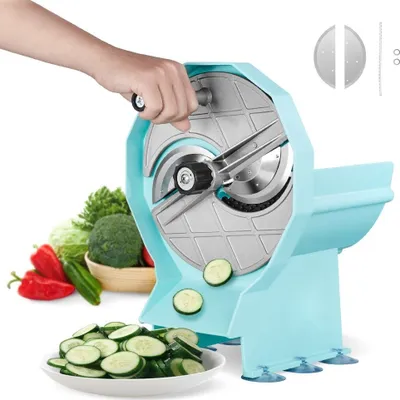 Obrázek produktu pro Ruční kráječ na zeleninu a ovoce, tloušťka 0-12 mm: komerční kráječ s nožem z nerezové oceli na okurky, citrony, rajčata - Dvojité podávací otvory, nastavitelné.