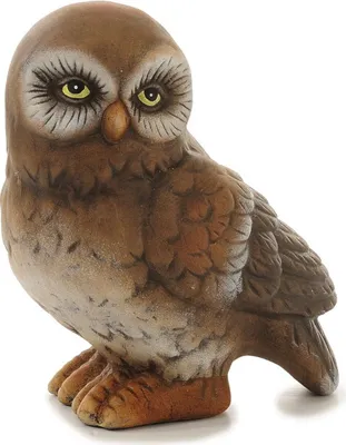 A ceramic owl figurine is shown against a white background.