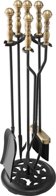 Immagine prodotto di Set di posate per caminetto VEVOR, set di posate per caminetto da 5 pezzi, supporto a cinque punte, pinze, paletta per la cenere, spazzola, attizzatoio, accessori per caminetto in ferro battuto per interni ed esterni, nero e ottone