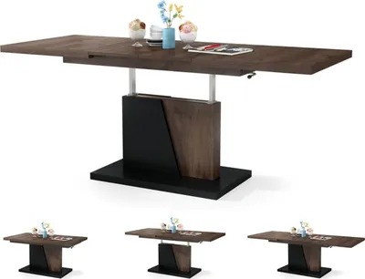 A dining table with a lift mechanism and a decorative vase with flowers and ice cream bowls on top. Below the main table, there are three smaller images of the table in a more compact form.