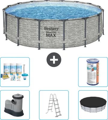 Produktbild von Bestway Round Steel Pro MAX Schwimmbad – Steindruck – 488 x 122 cm – inklusive Pumpe – Leiter – Abdeckung Wartungspaket - Filter