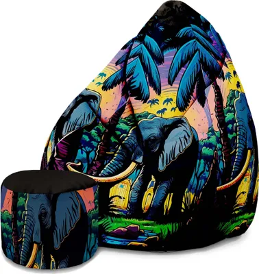 A bean bag chair and ottoman with an elephant and tropical foliage design.