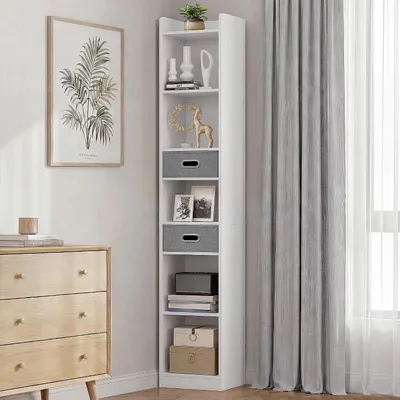 Produktbild von Bücherregal Eckregal Standregal, mit 5 Ebenen und 2 Stoffschubladen, Büroregal, 30 × 24 × 180 cm, Weiß