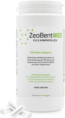 A product shot of a bottle of ZeoBent MED Detox Kapseln with two capsules in the foreground.