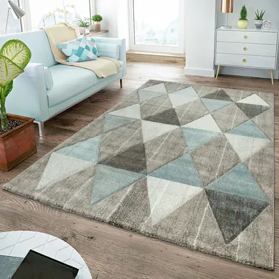 A living room scene with a rug, sofa, and furniture.