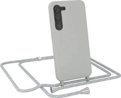 Produktbild von EAZY CASE Handykette kompatibel mit Samsung Galaxy S23 Handyhülle zum Umhängen, Silikon Hülle mit Band, Schutzhülle mit Ersatzkordel, Stylische Kette für Smartphone, Hell Grau / Weiß