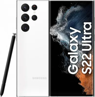 A white Samsung Galaxy S22 Ultra smartphone with a stylus is shown against a white background. The phone's screen displays marketing text.