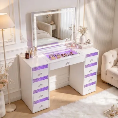 Obrázok produktu pre VANITII Toaletný stolík so zrkadlom, LED osvetlením, Bluetooth, 9 zásuvkami, biela farba, rozmer 130 x 55 x 139 cm
